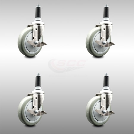 Service Caster 5 Inch 316SS Gray Poly Swivel 1-3/8 Inch Expanding Stem Caster Set Brake SCC SCC-SS316EX20S514-PPUB-TLB-138-4